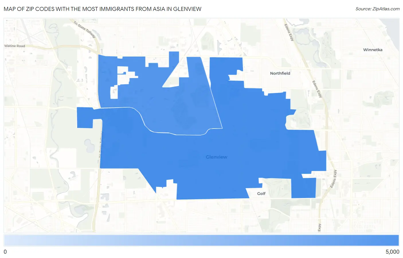 Zip Codes with the Most Immigrants from Asia in Glenview Map