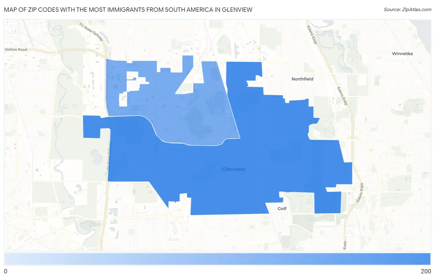 Zip Codes with the Most Immigrants from South America in Glenview Map