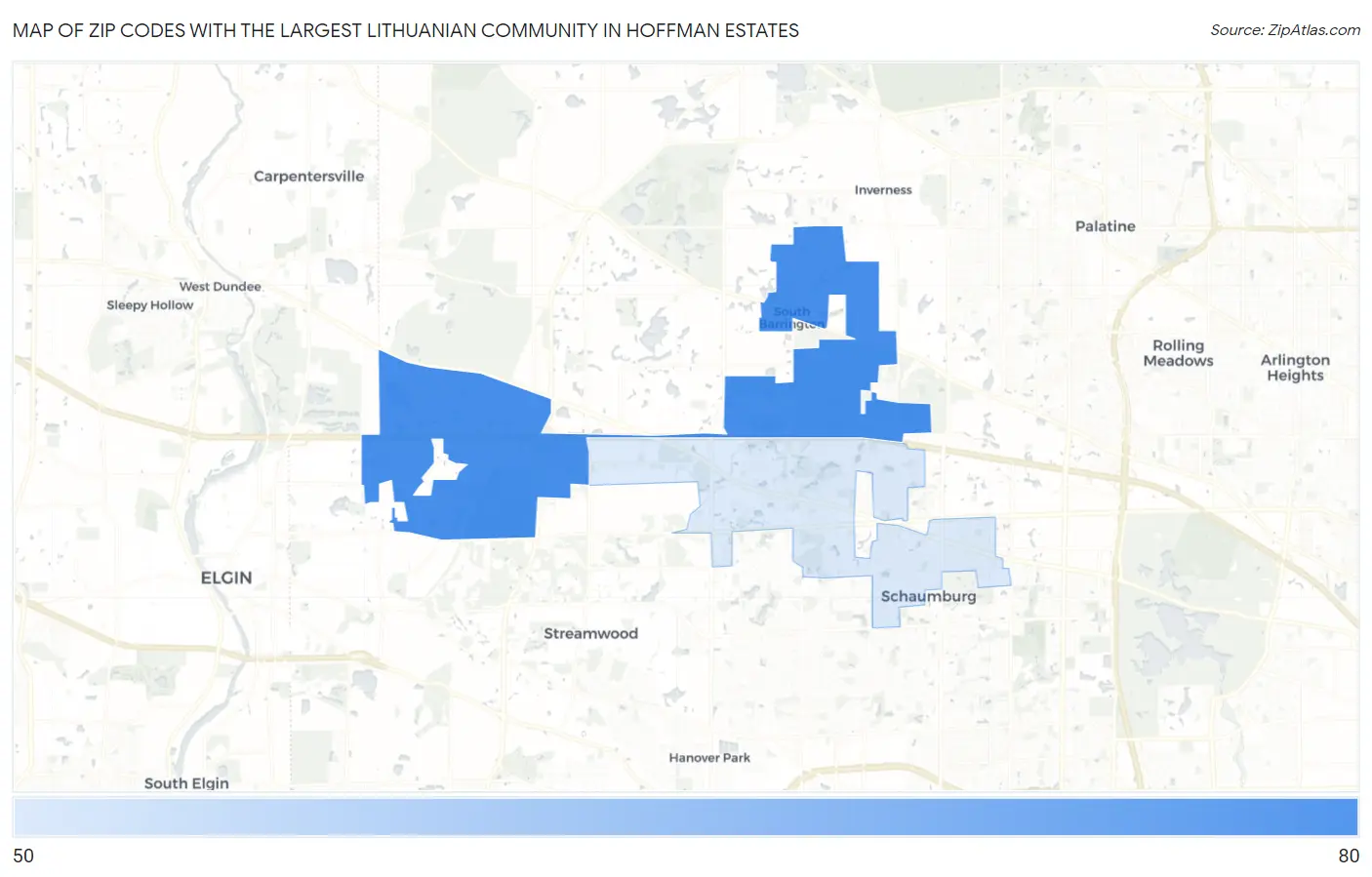 Zip Codes with the Largest Lithuanian Community in Hoffman Estates Map