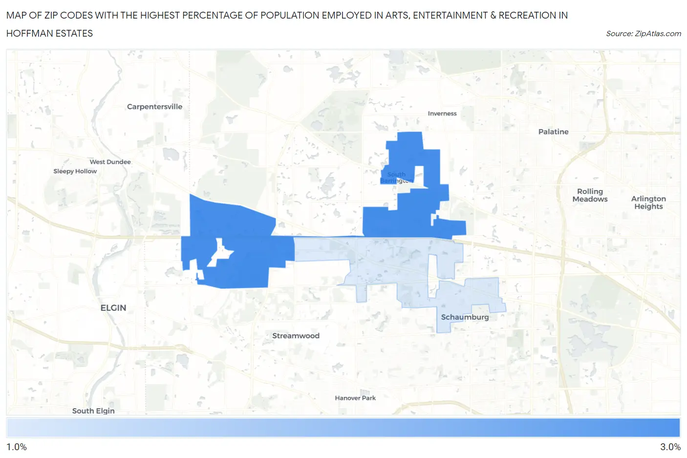 Zip Codes with the Highest Percentage of Population Employed in Arts, Entertainment & Recreation in Hoffman Estates Map