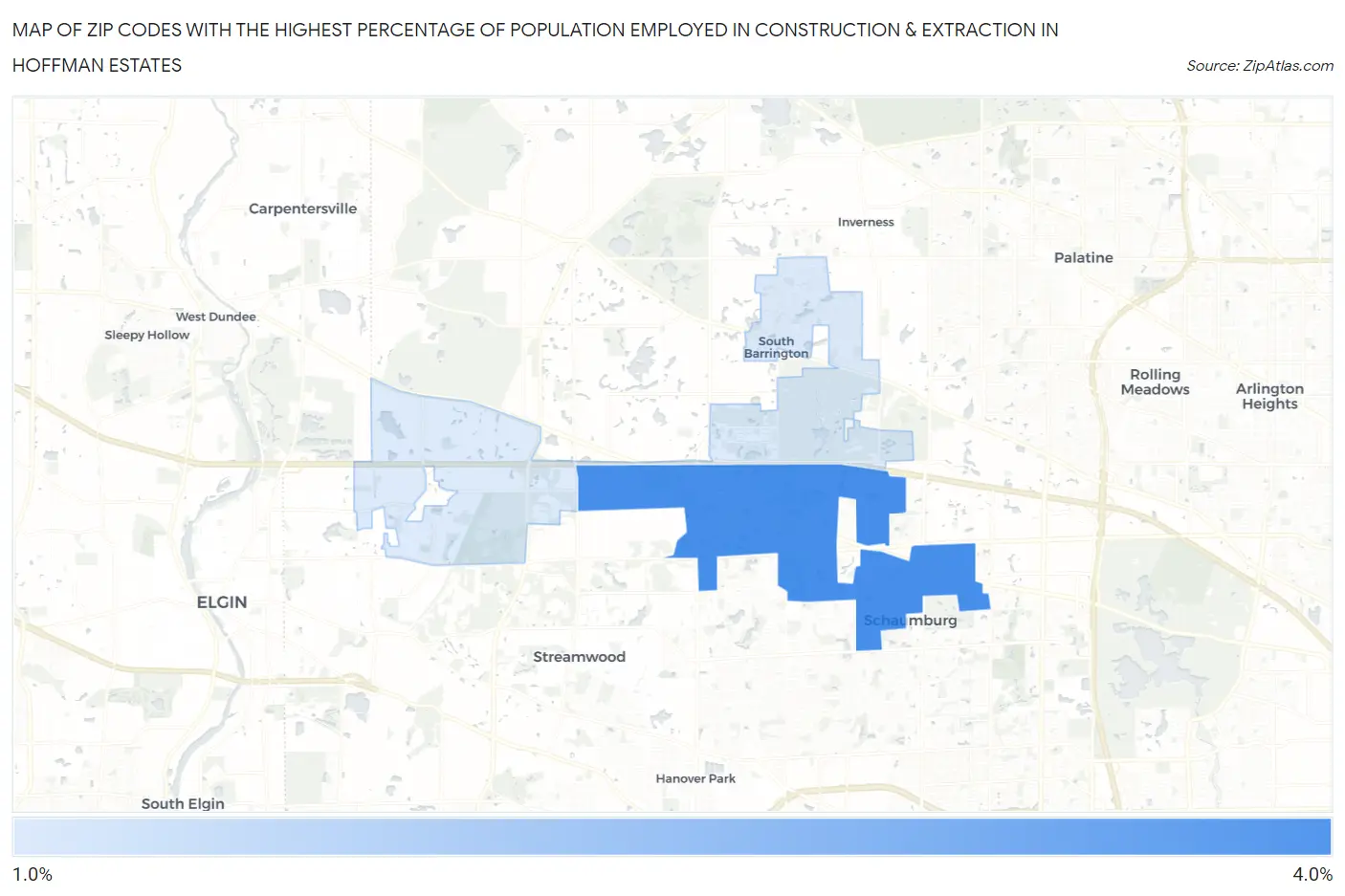 Zip Codes with the Highest Percentage of Population Employed in Construction & Extraction in Hoffman Estates Map