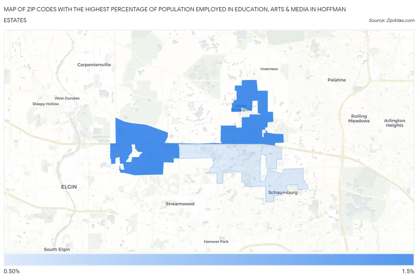 Zip Codes with the Highest Percentage of Population Employed in Education, Arts & Media in Hoffman Estates Map
