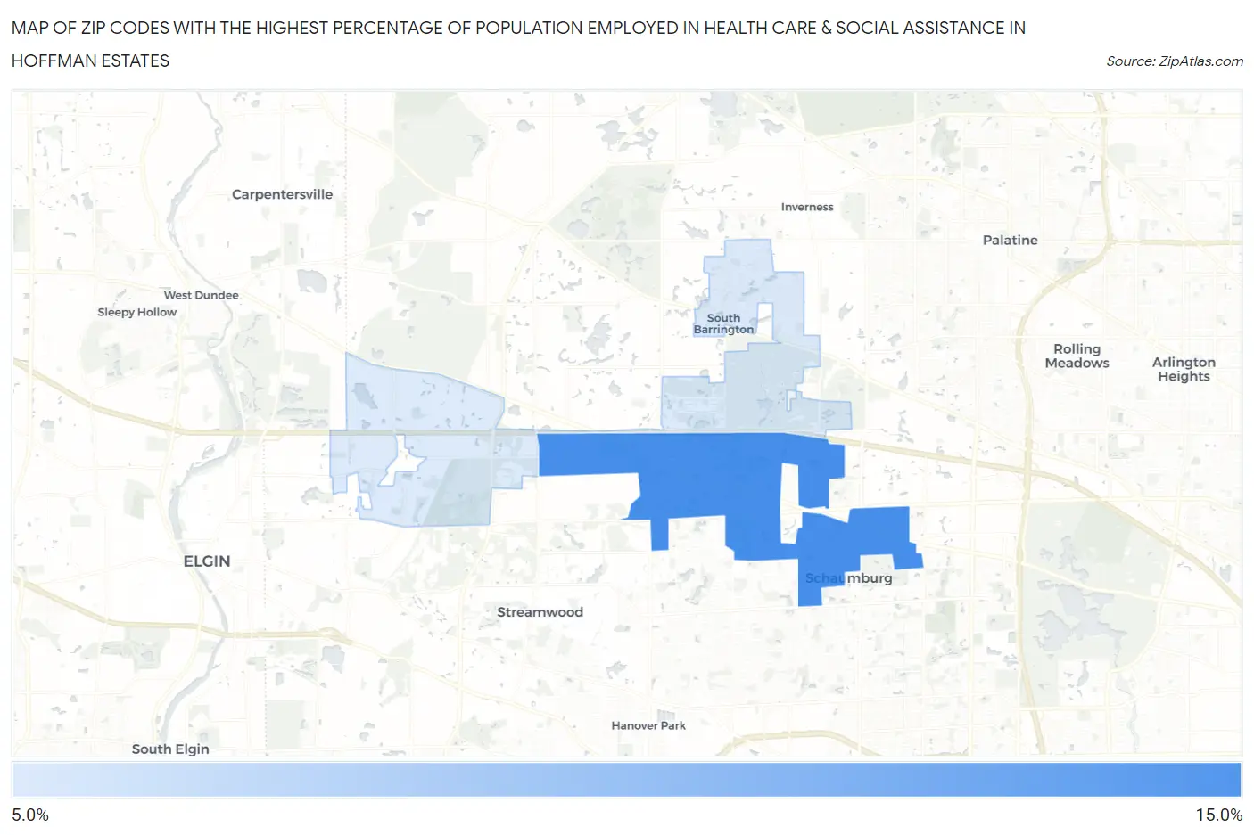 Zip Codes with the Highest Percentage of Population Employed in Health Care & Social Assistance in Hoffman Estates Map