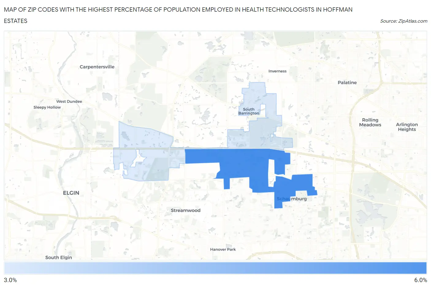 Zip Codes with the Highest Percentage of Population Employed in Health Technologists in Hoffman Estates Map