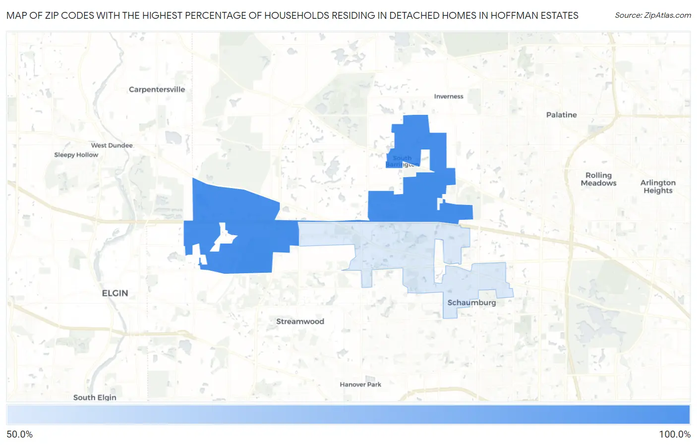 Zip Codes with the Highest Percentage of Households Residing in Detached Homes in Hoffman Estates Map