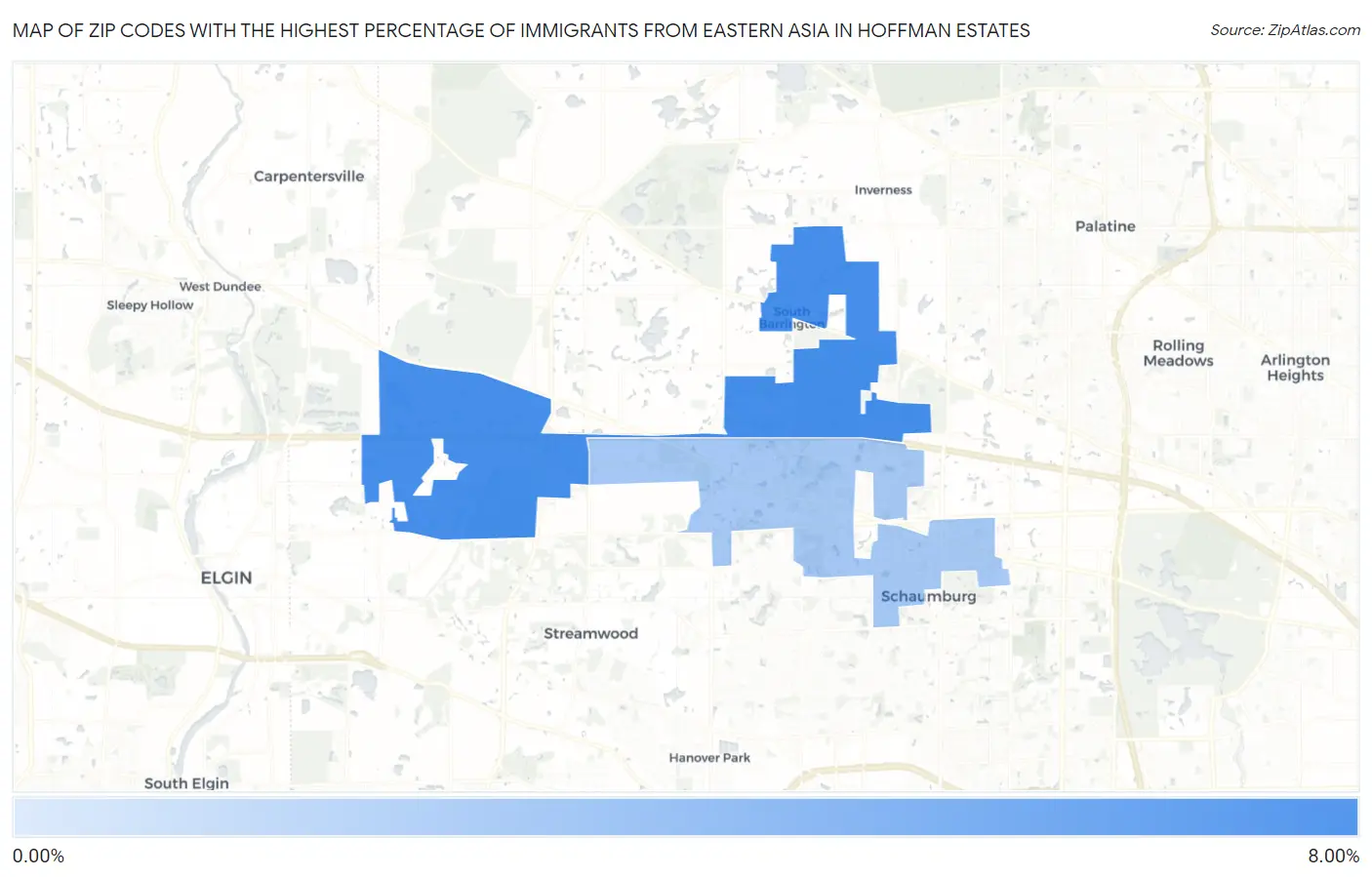 Zip Codes with the Highest Percentage of Immigrants from Eastern Asia in Hoffman Estates Map