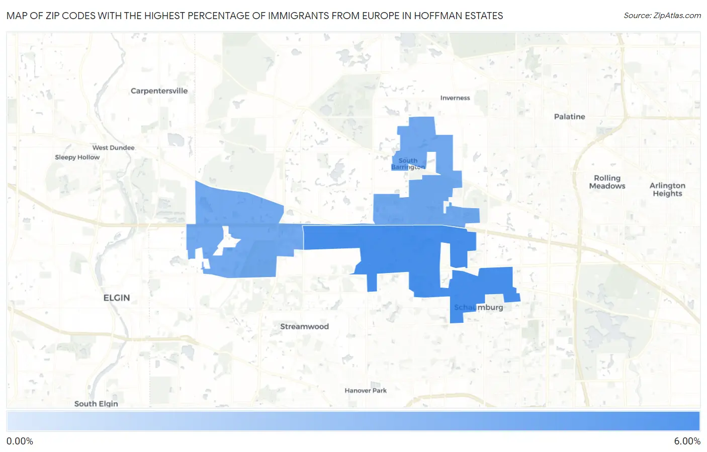 Zip Codes with the Highest Percentage of Immigrants from Europe in Hoffman Estates Map