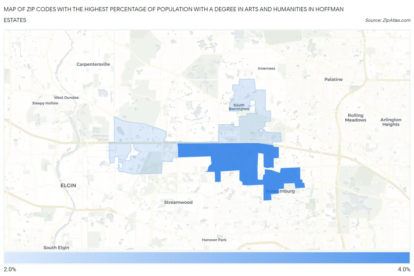 Zip Codes with the Highest Percentage of Population with a Degree in Arts and Humanities in Hoffman Estates Map