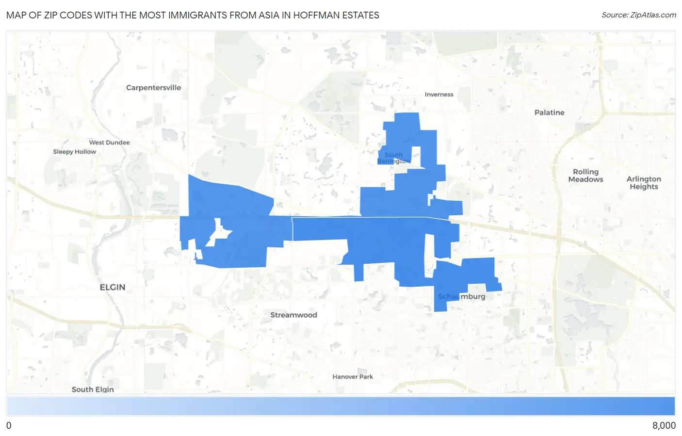 Zip Codes with the Most Immigrants from Asia in Hoffman Estates Map