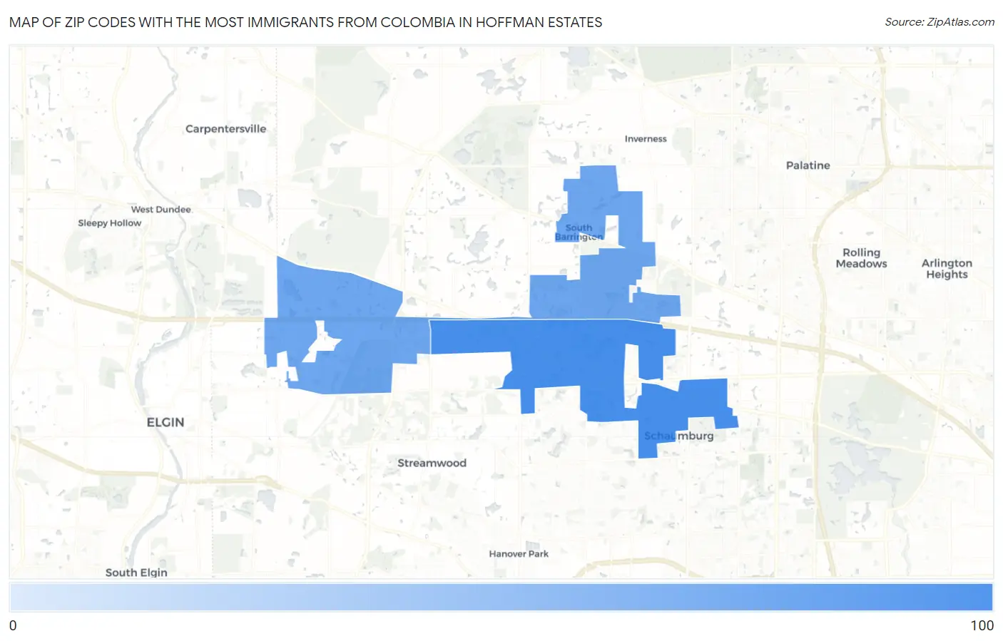 Zip Codes with the Most Immigrants from Colombia in Hoffman Estates Map