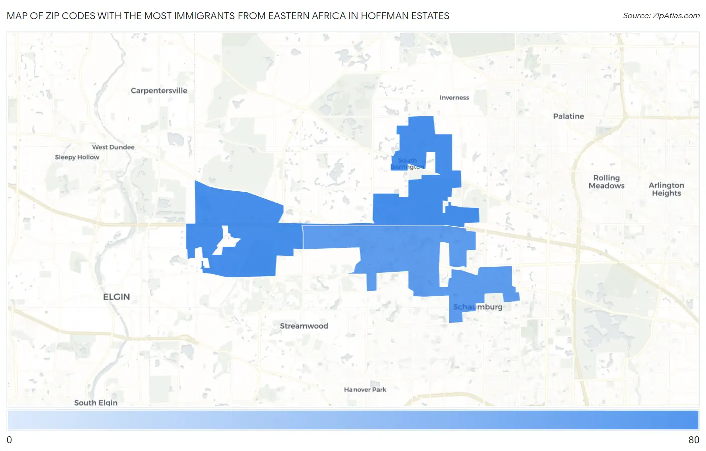 Zip Codes with the Most Immigrants from Eastern Africa in Hoffman Estates Map