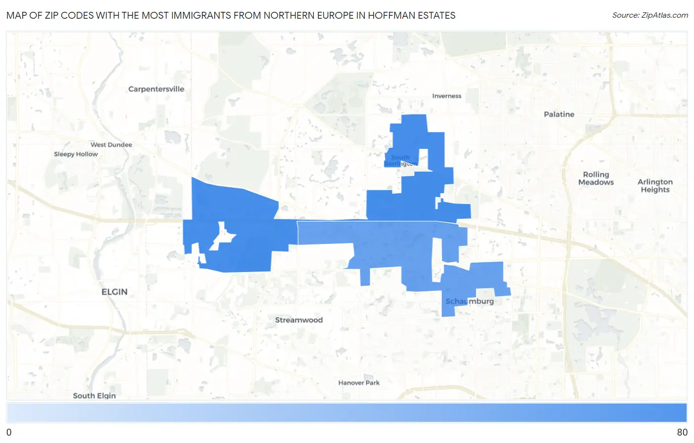 Zip Codes with the Most Immigrants from Northern Europe in Hoffman Estates Map