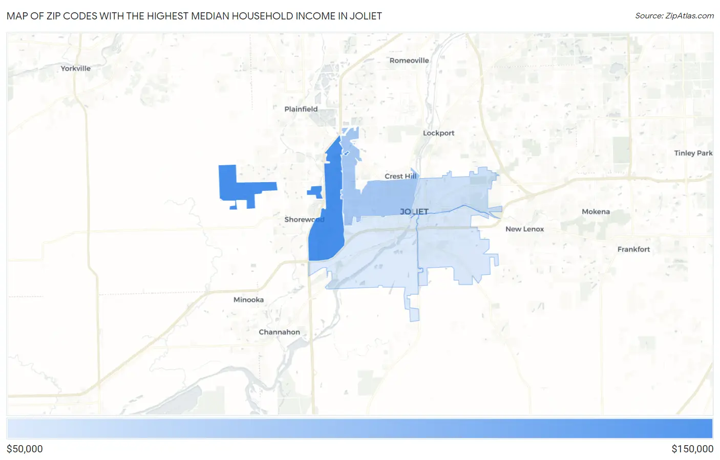 Zip Codes with the Highest Median Household Income in Joliet Map