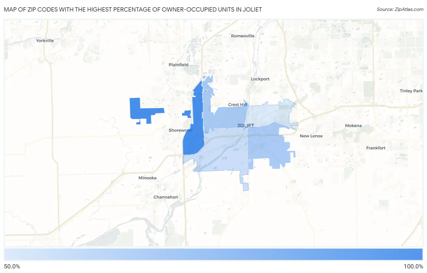 Zip Codes with the Highest Percentage of Owner-Occupied Units in Joliet Map