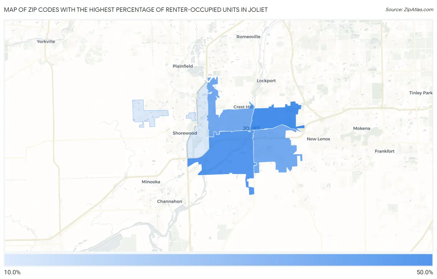 Zip Codes with the Highest Percentage of Renter-Occupied Units in Joliet Map