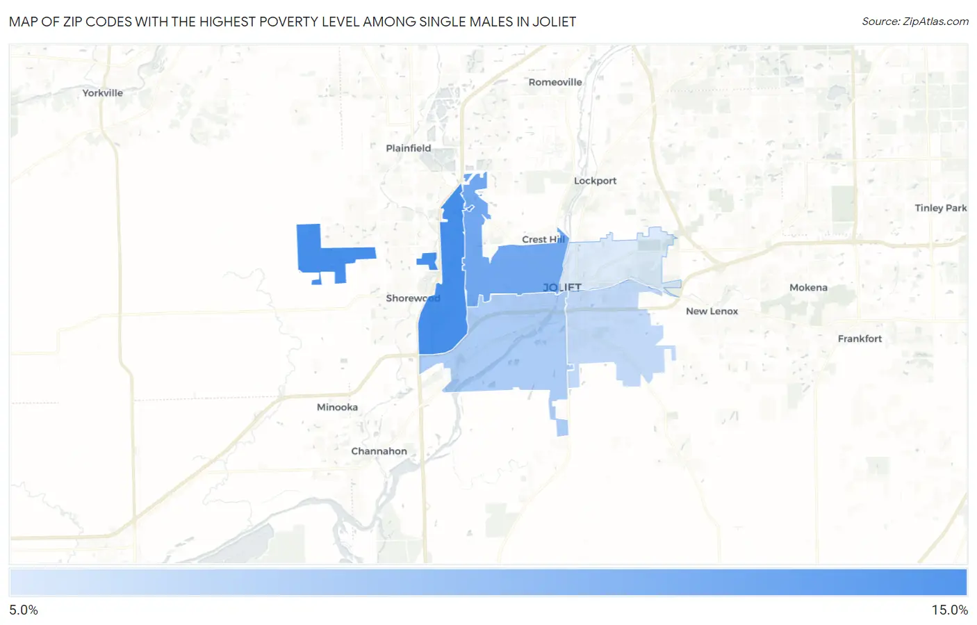 Zip Codes with the Highest Poverty Level Among Single Males in Joliet Map
