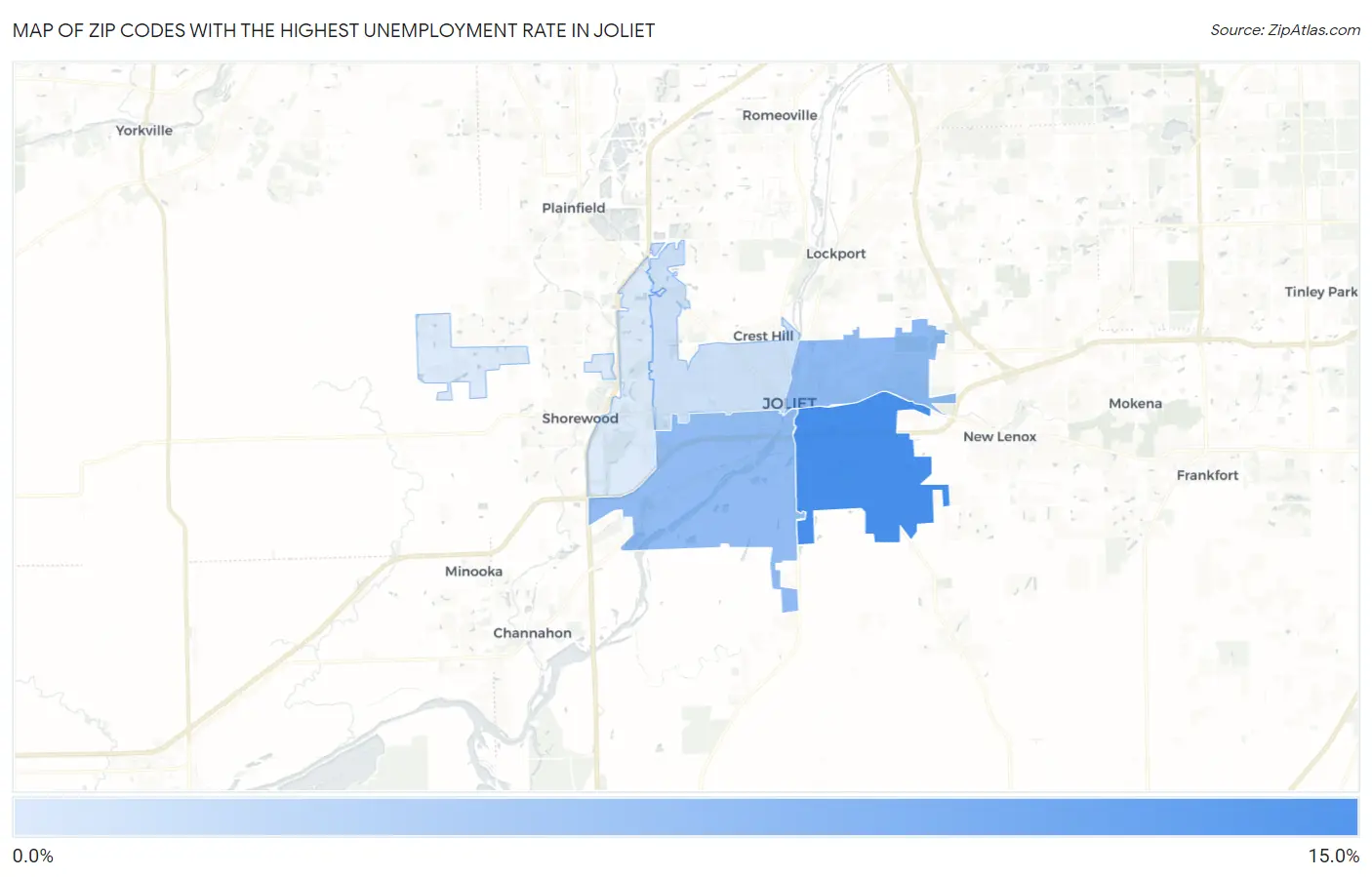 Zip Codes with the Highest Unemployment Rate in Joliet Map