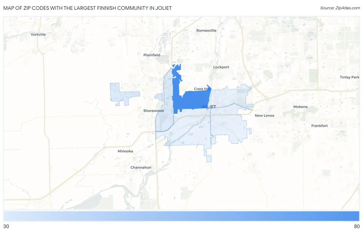 Zip Codes with the Largest Finnish Community in Joliet Map