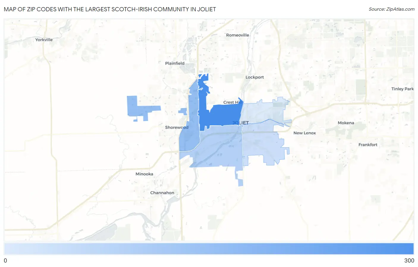 Zip Codes with the Largest Scotch-Irish Community in Joliet Map