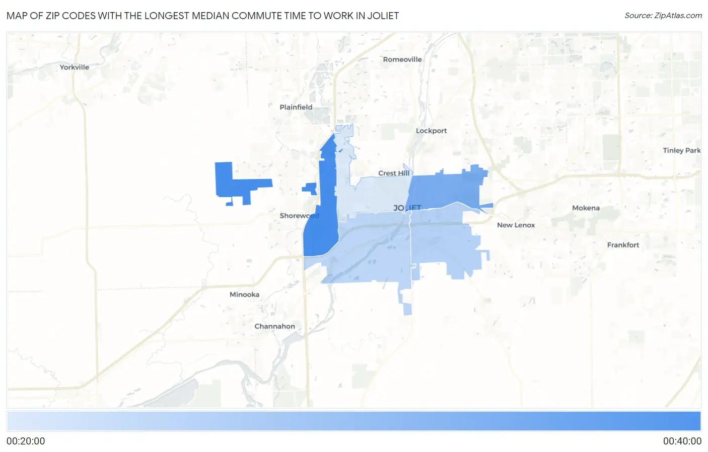 Zip Codes with the Longest Median Commute Time to Work in Joliet Map