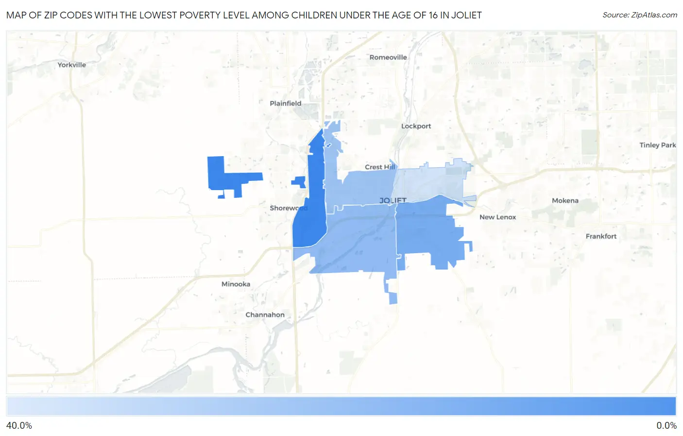 Zip Codes with the Lowest Poverty Level Among Children Under the Age of 16 in Joliet Map