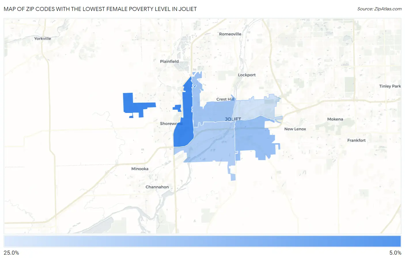 Zip Codes with the Lowest Female Poverty Level in Joliet Map