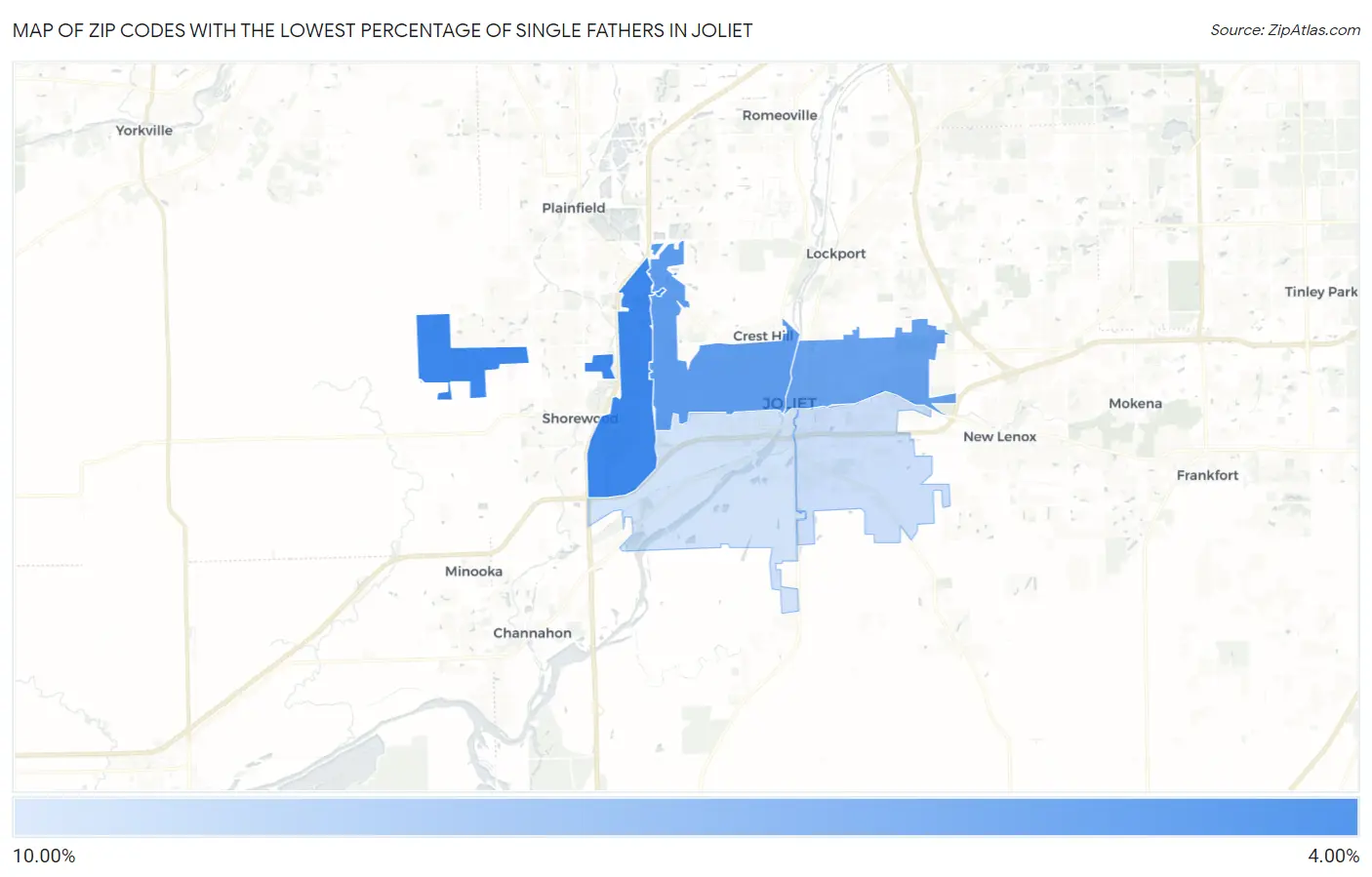 Zip Codes with the Lowest Percentage of Single Fathers in Joliet Map