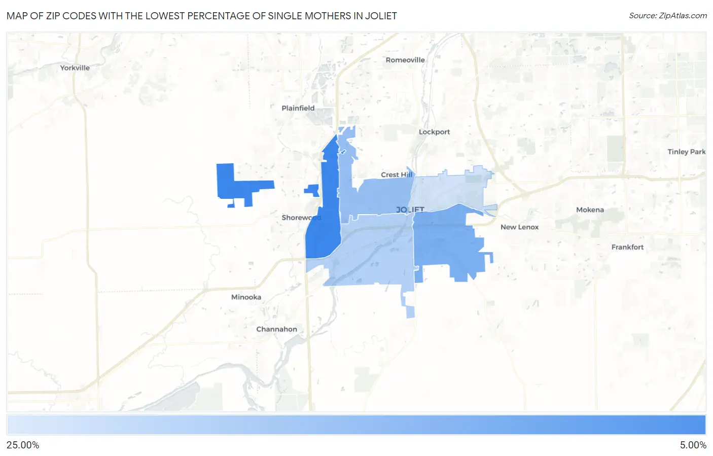 Zip Codes with the Lowest Percentage of Single Mothers in Joliet Map