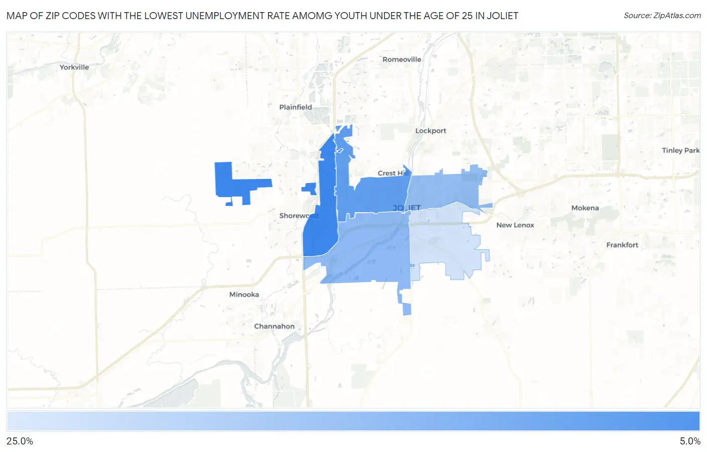 Zip Codes with the Lowest Unemployment Rate Amomg Youth Under the Age of 25 in Joliet Map