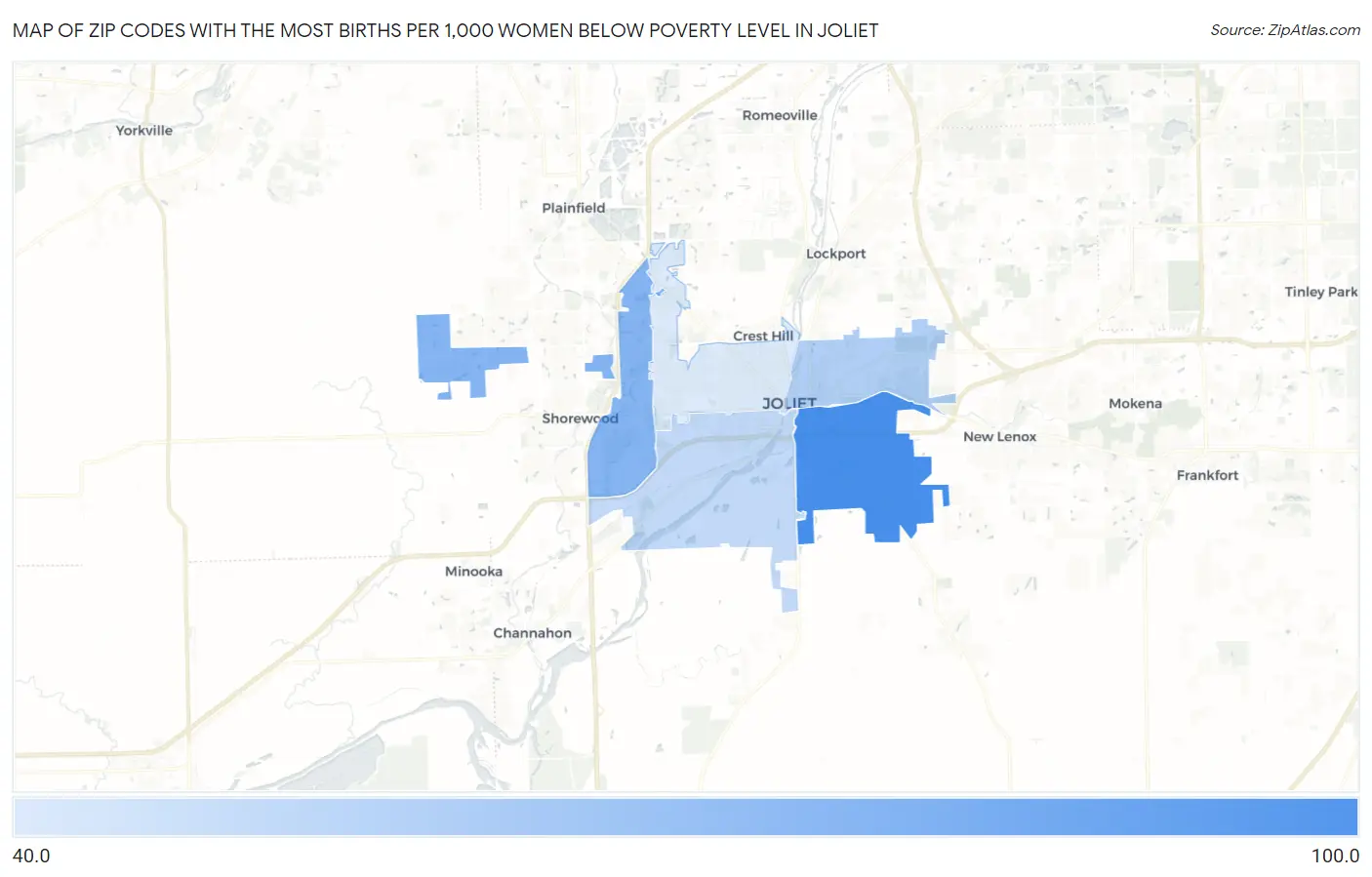 Zip Codes with the Most Births per 1,000 Women Below Poverty Level in Joliet Map