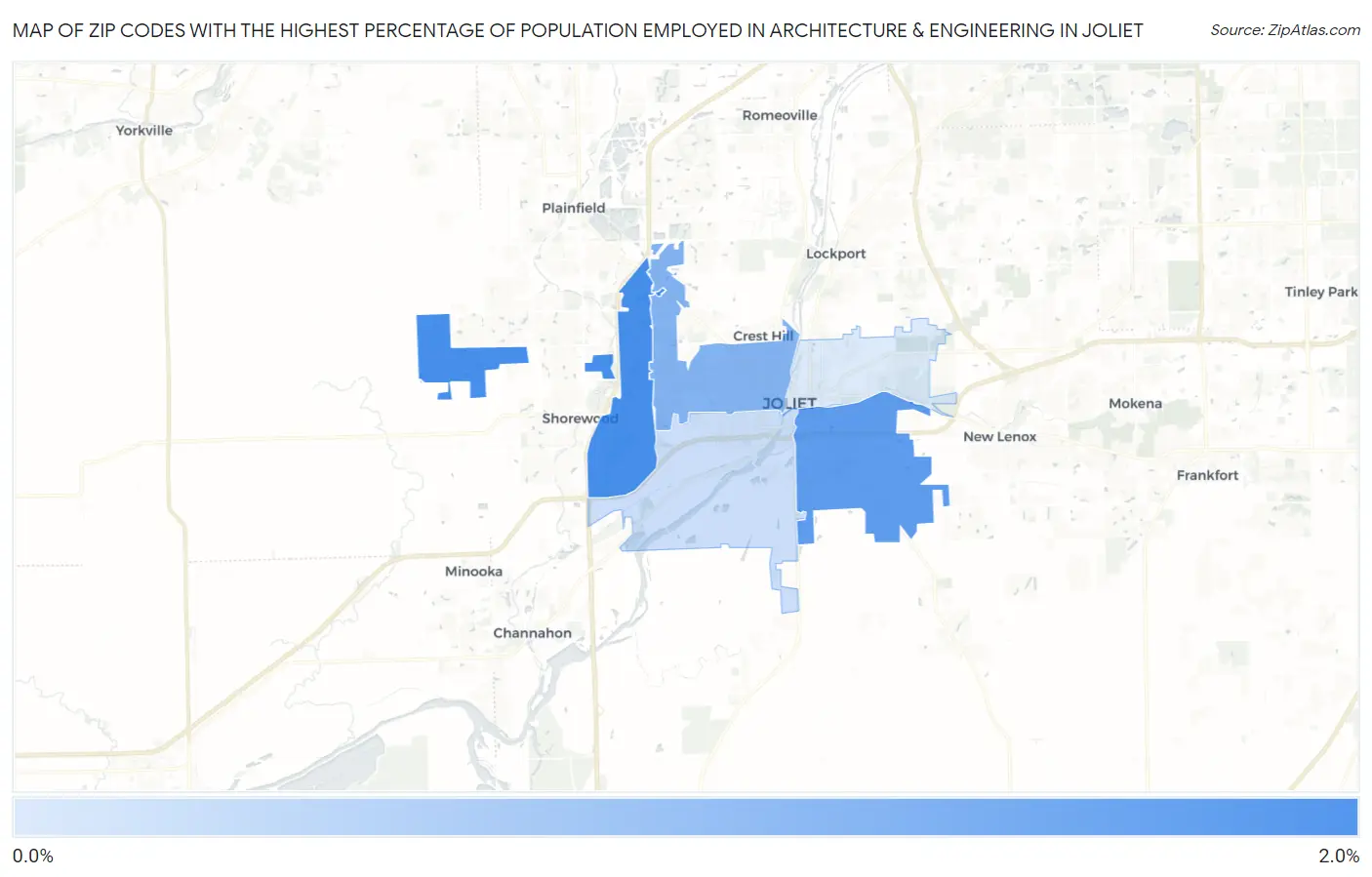 Zip Codes with the Highest Percentage of Population Employed in Architecture & Engineering in Joliet Map