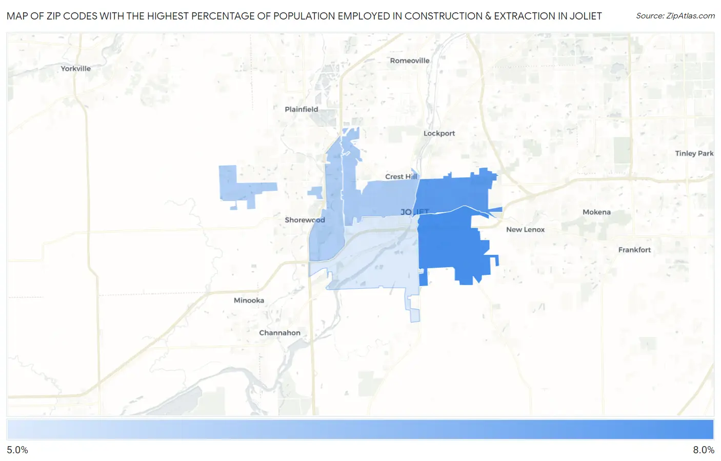 Zip Codes with the Highest Percentage of Population Employed in Construction & Extraction in Joliet Map