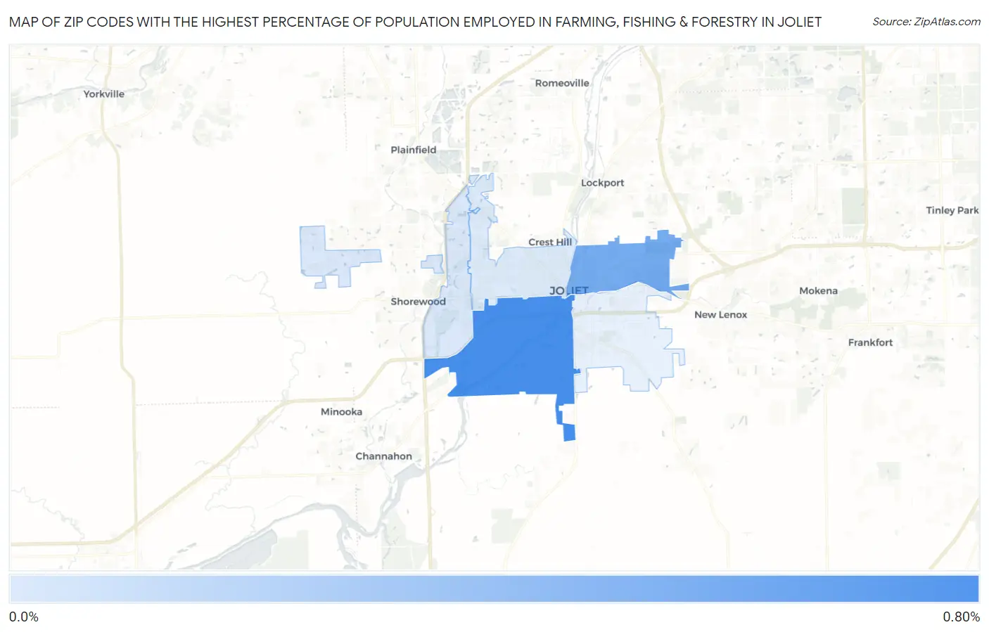 Zip Codes with the Highest Percentage of Population Employed in Farming, Fishing & Forestry in Joliet Map