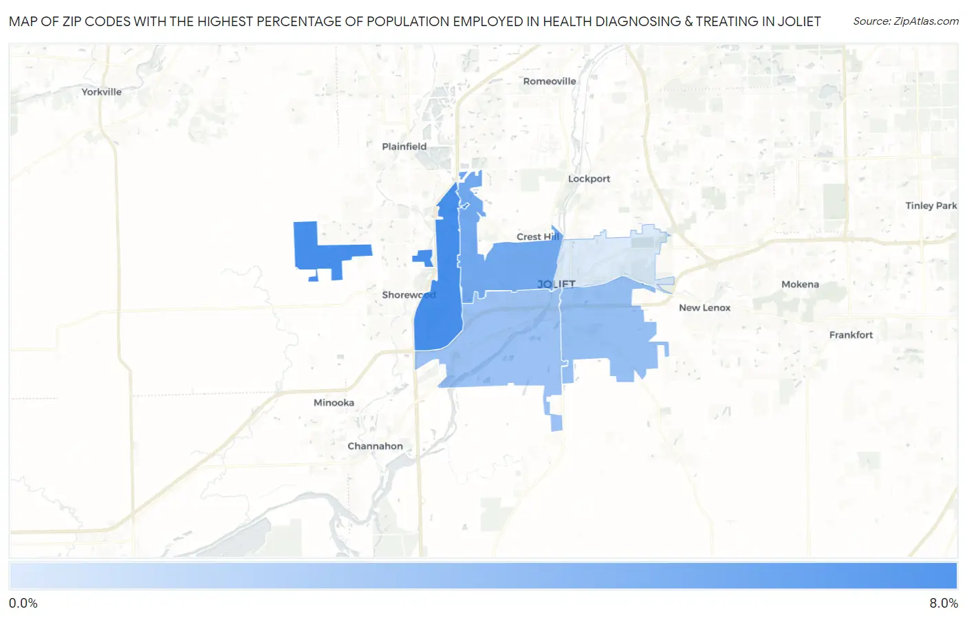Zip Codes with the Highest Percentage of Population Employed in Health Diagnosing & Treating in Joliet Map
