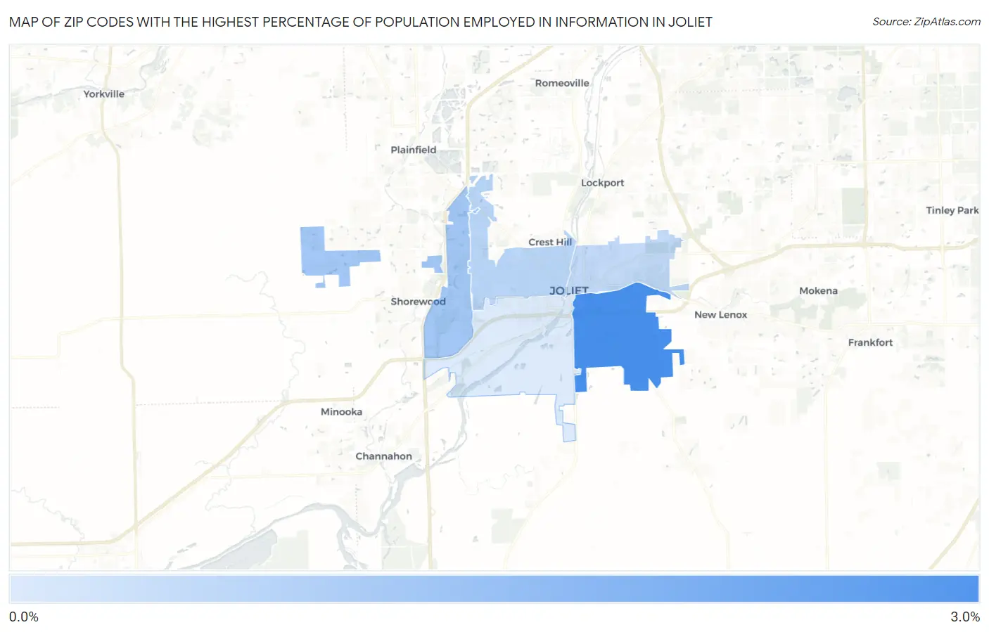 Zip Codes with the Highest Percentage of Population Employed in Information in Joliet Map