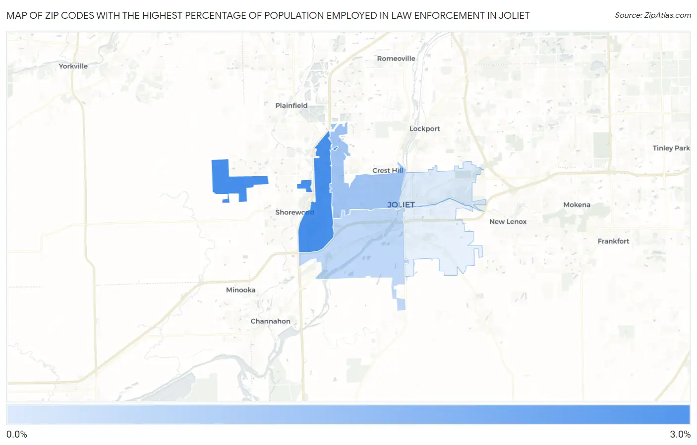 Zip Codes with the Highest Percentage of Population Employed in Law Enforcement in Joliet Map