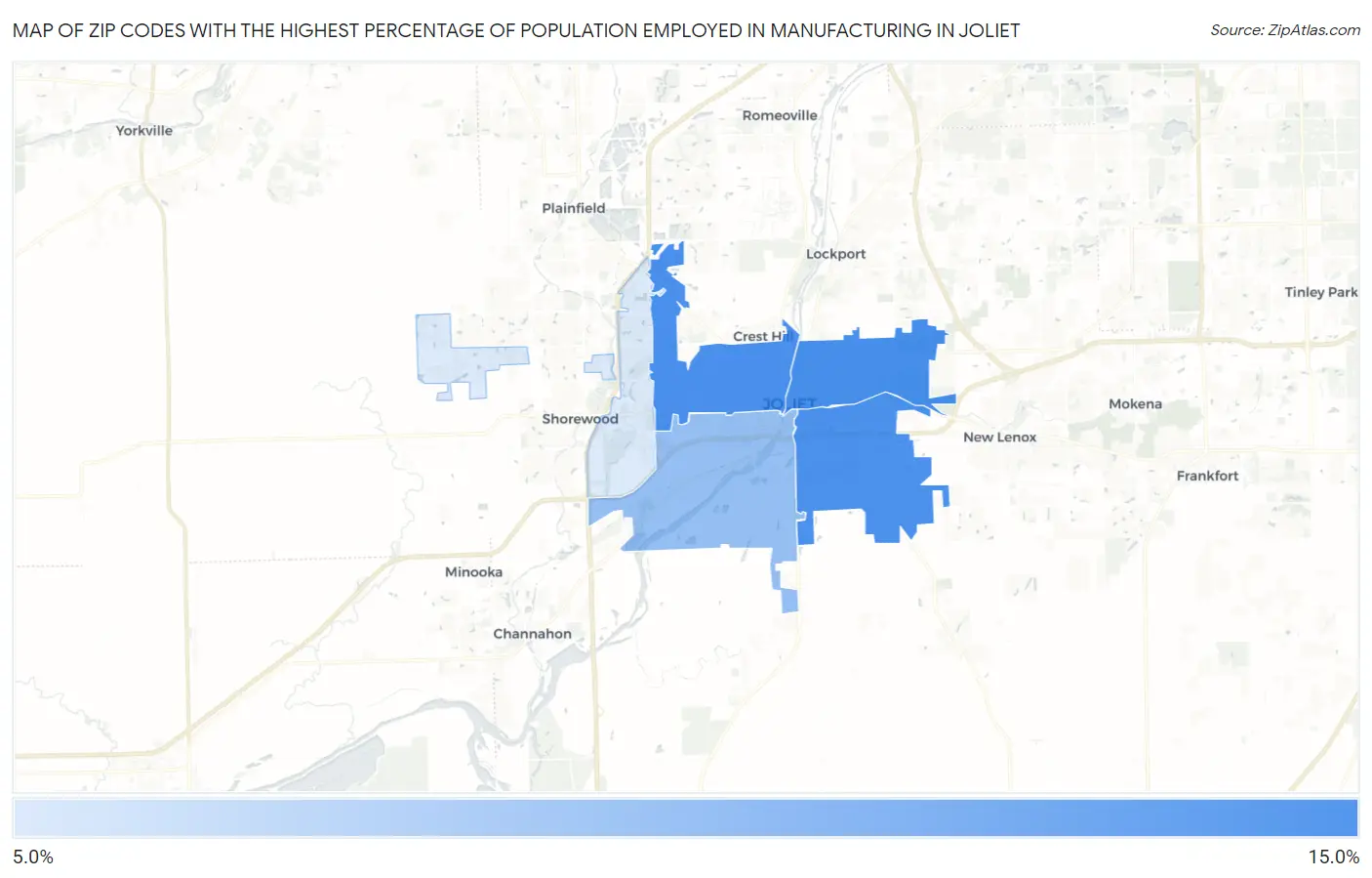 Zip Codes with the Highest Percentage of Population Employed in Manufacturing in Joliet Map