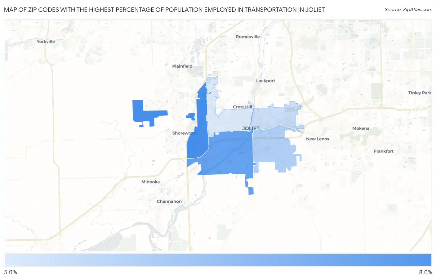 Zip Codes with the Highest Percentage of Population Employed in Transportation in Joliet Map
