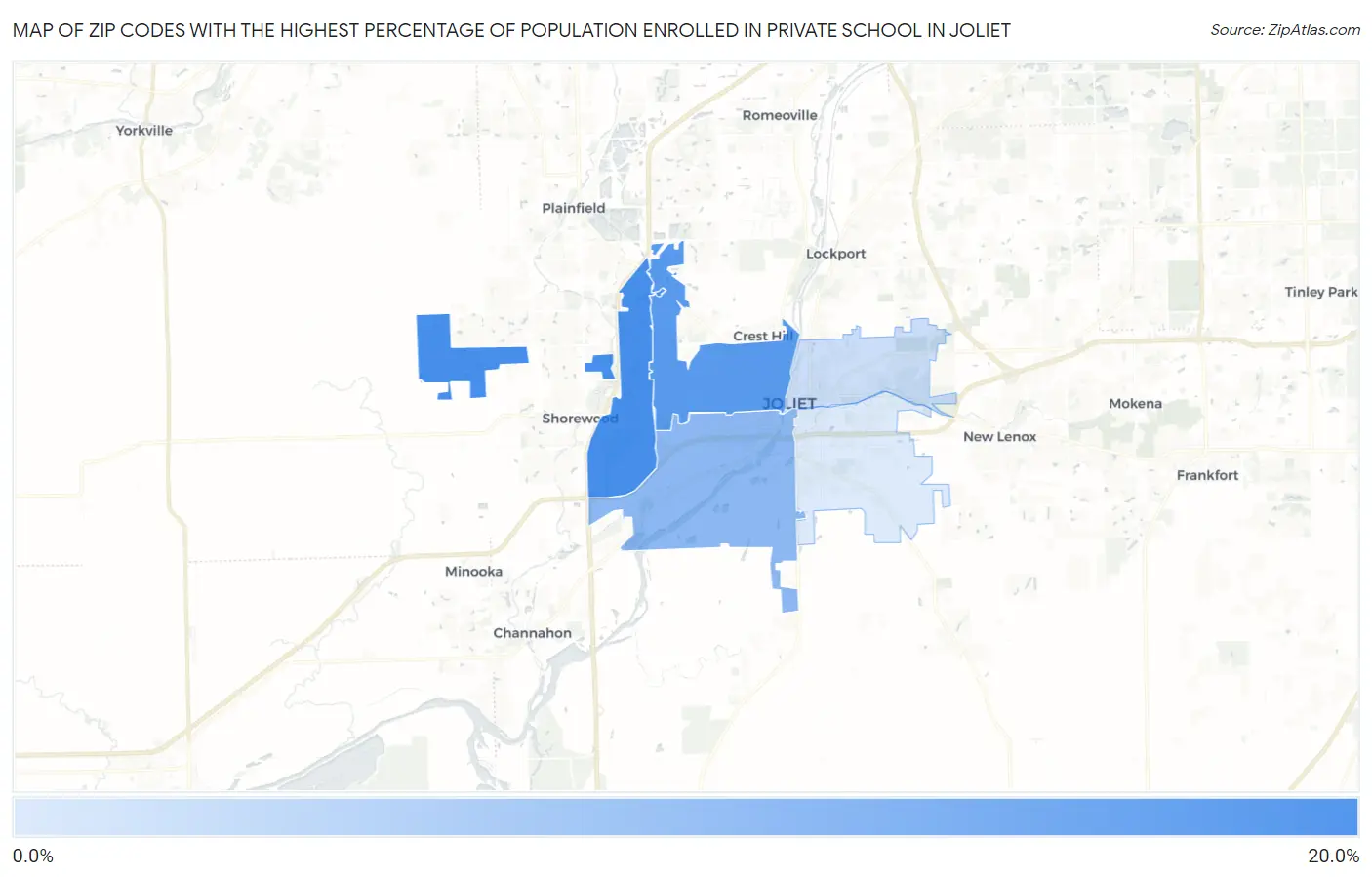 Zip Codes with the Highest Percentage of Population Enrolled in Private School in Joliet Map