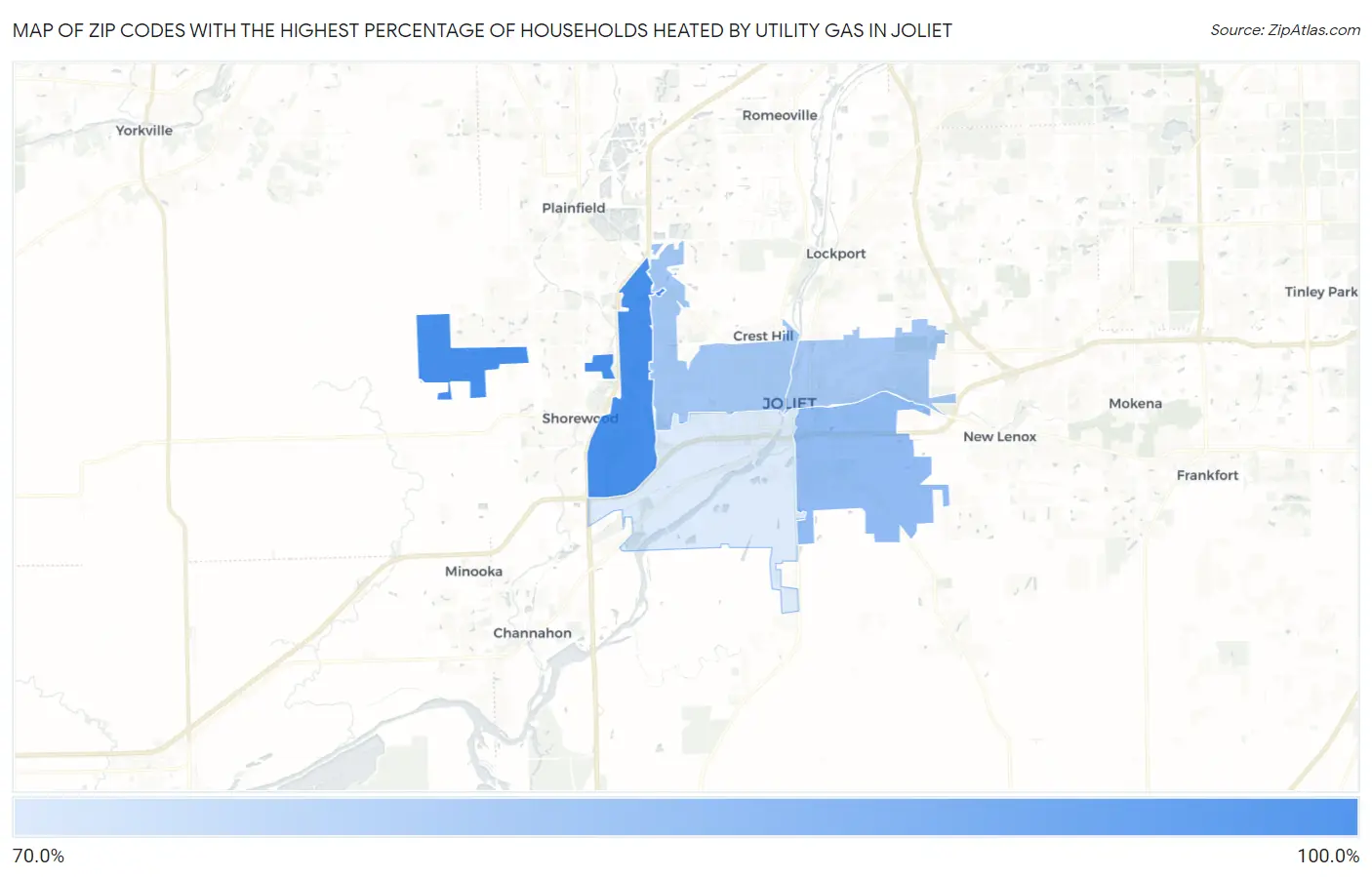 Zip Codes with the Highest Percentage of Households Heated by Utility Gas in Joliet Map