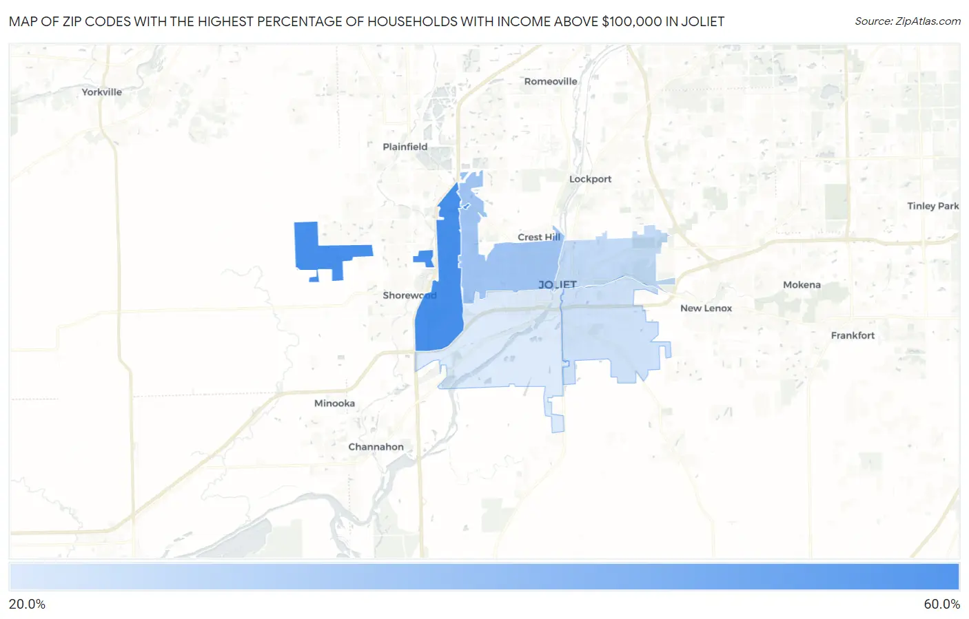 Zip Codes with the Highest Percentage of Households with Income Above $100,000 in Joliet Map