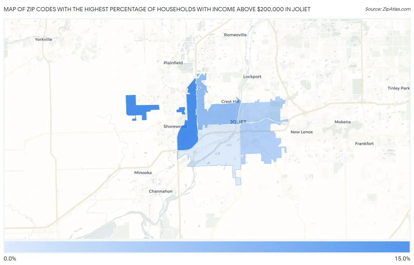 Zip Codes with the Highest Percentage of Households with Income Above $200,000 in Joliet Map