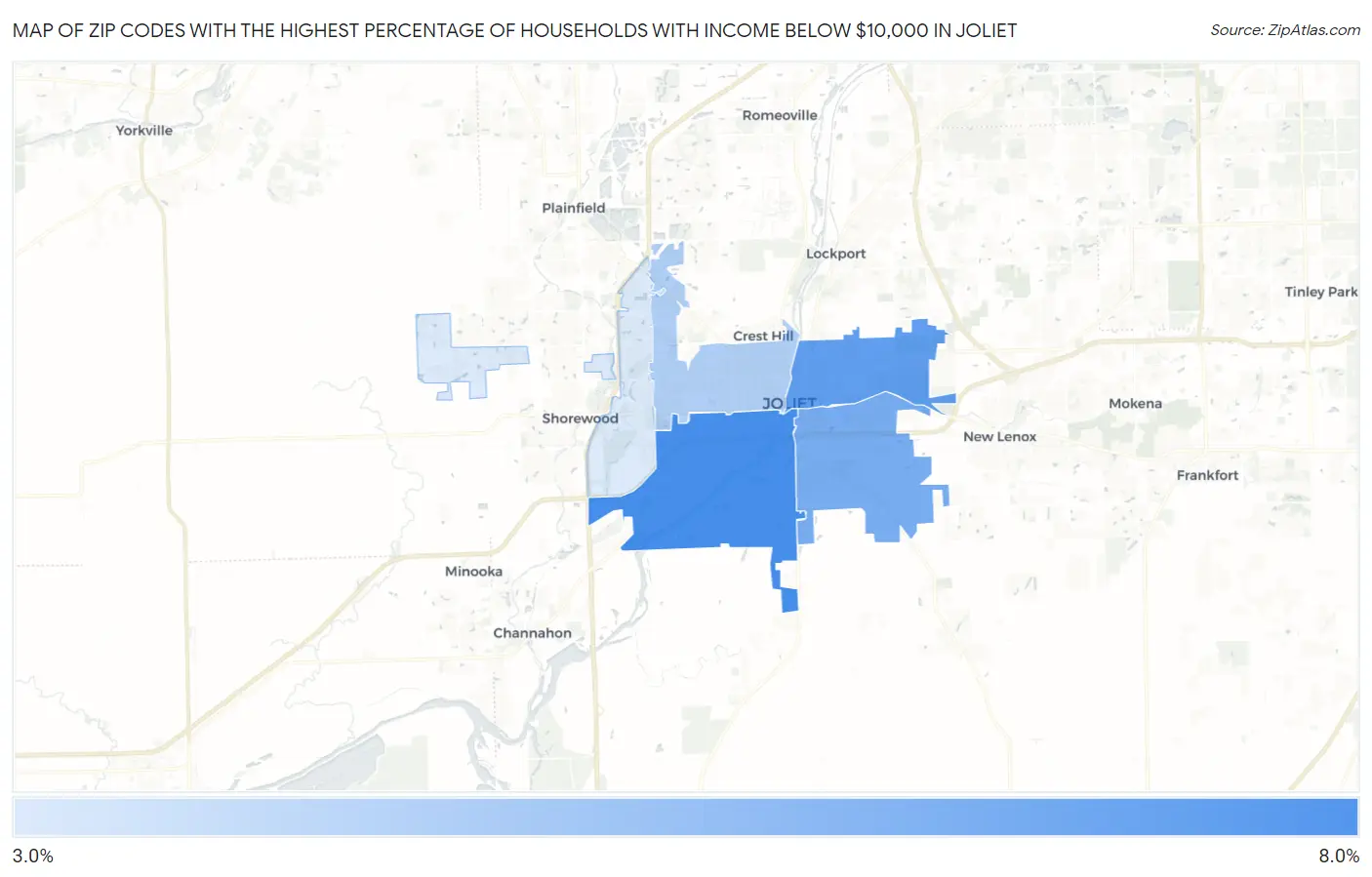 Zip Codes with the Highest Percentage of Households with Income Below $10,000 in Joliet Map