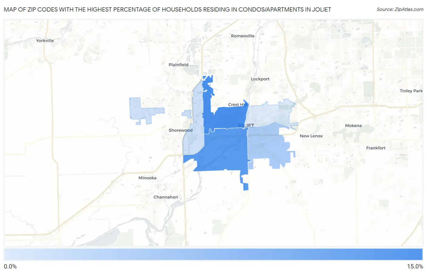 Zip Codes with the Highest Percentage of Households Residing in Condos/Apartments in Joliet Map