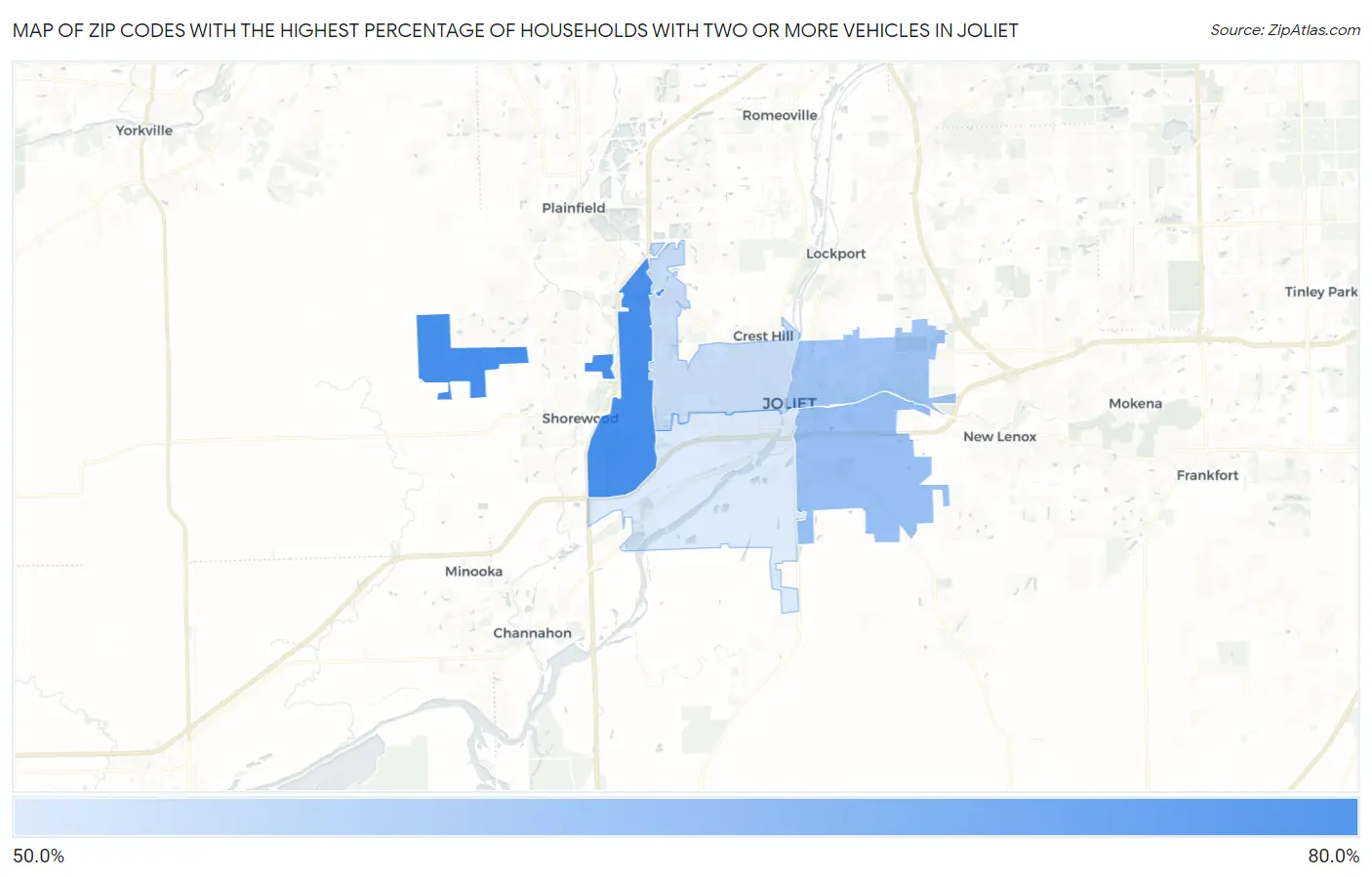 Zip Codes with the Highest Percentage of Households With Two or more Vehicles in Joliet Map