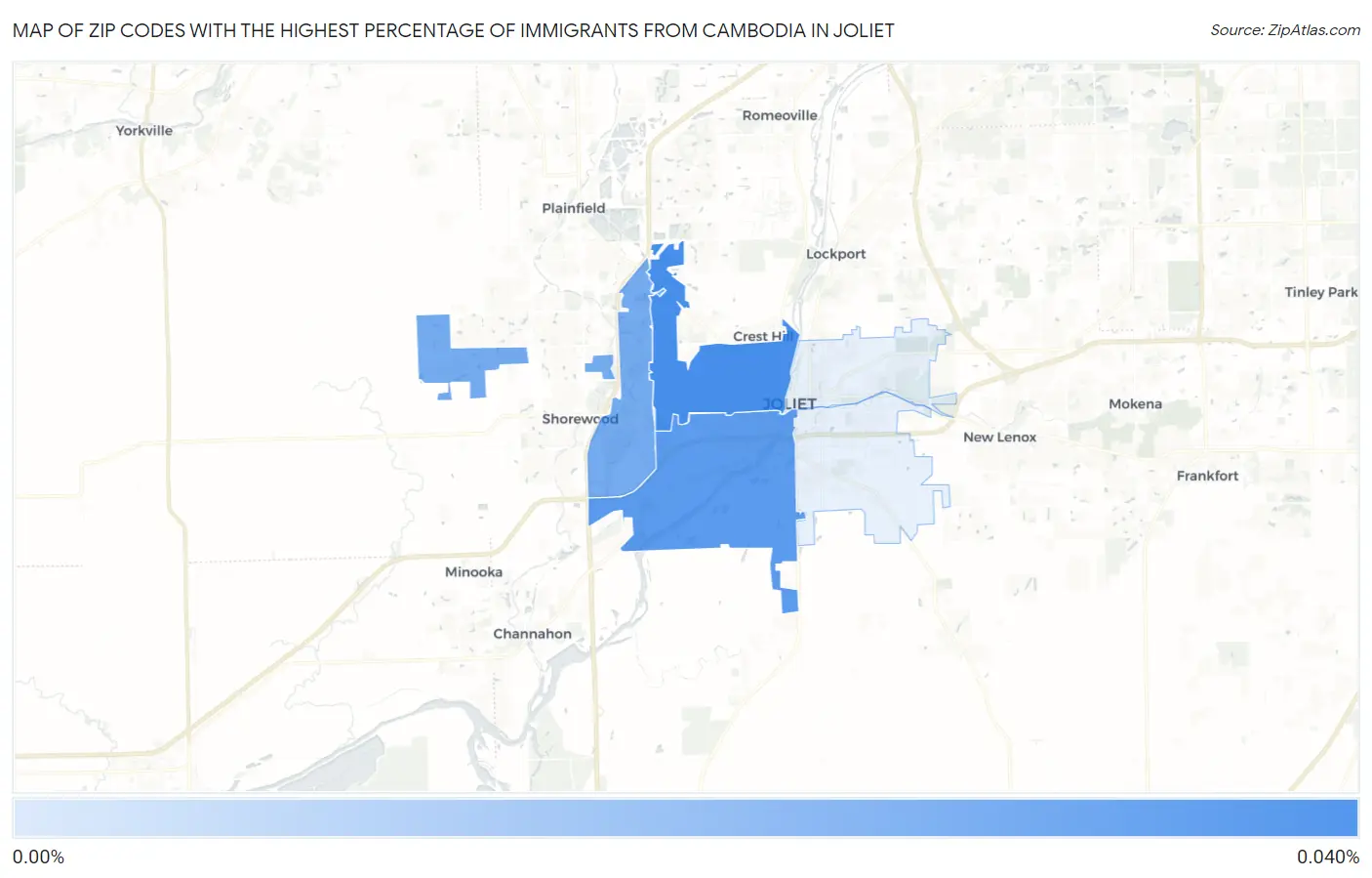 Zip Codes with the Highest Percentage of Immigrants from Cambodia in Joliet Map