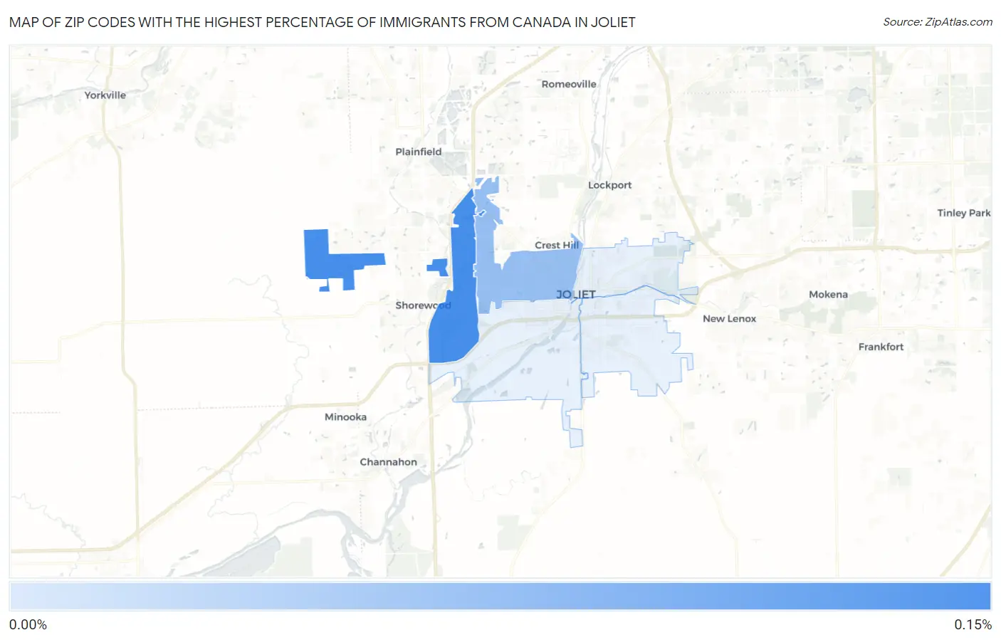 Zip Codes with the Highest Percentage of Immigrants from Canada in Joliet Map