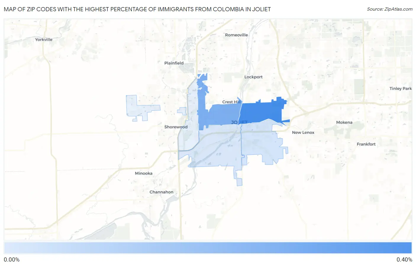 Zip Codes with the Highest Percentage of Immigrants from Colombia in Joliet Map