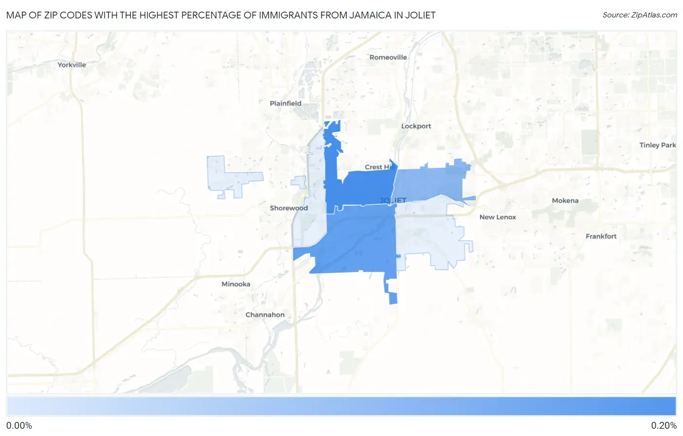 Zip Codes with the Highest Percentage of Immigrants from Jamaica in Joliet Map