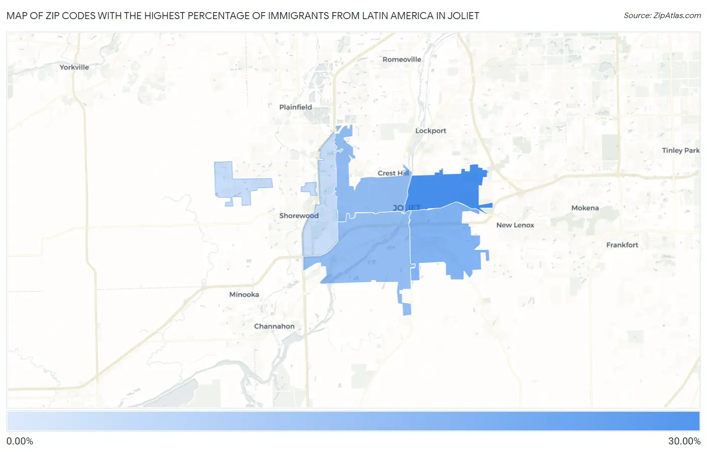 Zip Codes with the Highest Percentage of Immigrants from Latin America in Joliet Map
